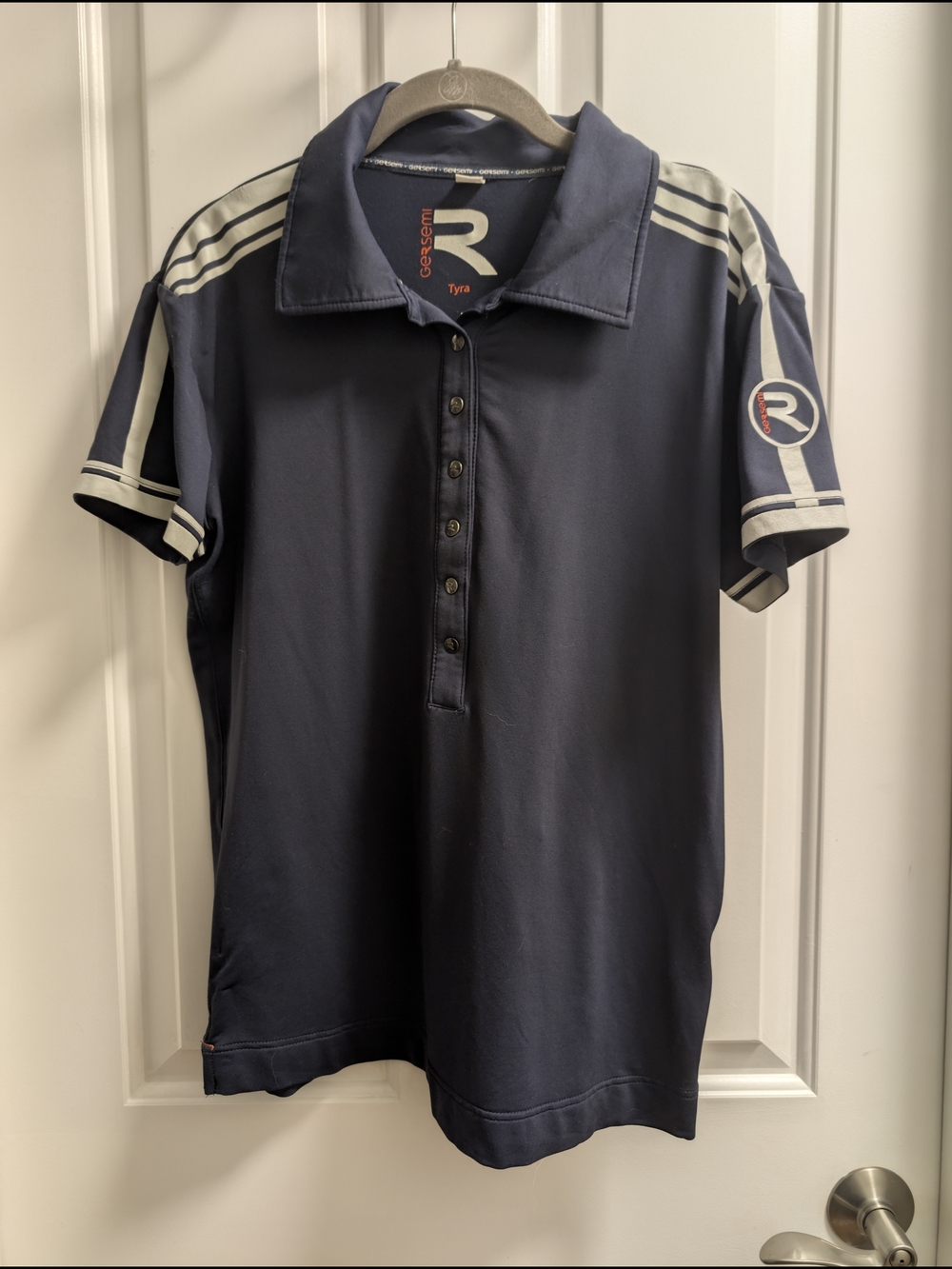 Gersemi Brand Riding Polo Navy Polo with Contrast Light Gray Stripes